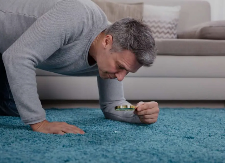 Мужчина с лупой ищет грязь на полу